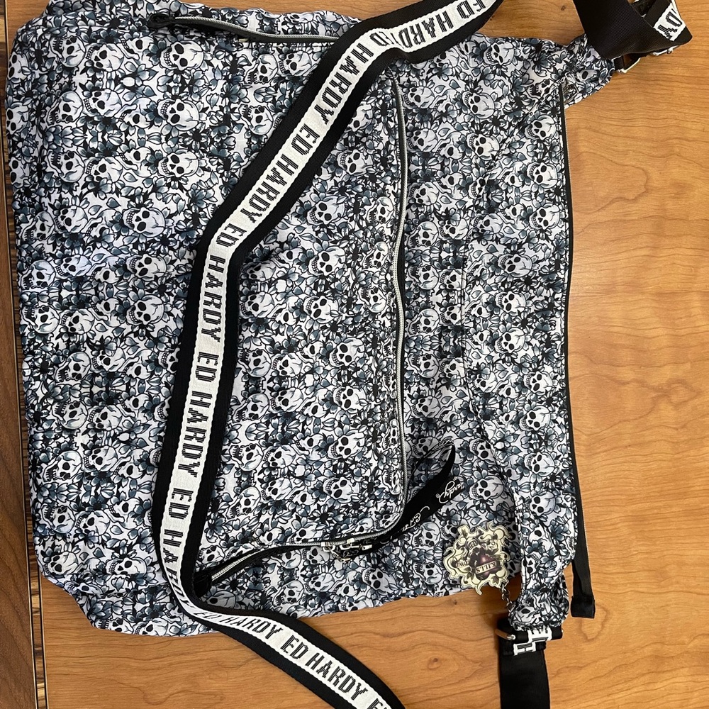 Ed Hardy Black and White Skull Print Tote Bag